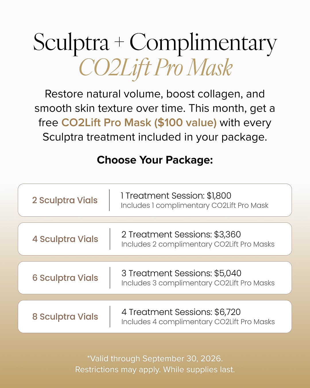 Sculptra treatment packages with complimentary CO2Lift Pro Mask